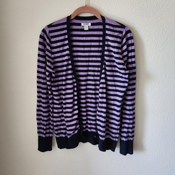 OLD NAVY Y2K Striped Purple & Dark Navy Blue Cardigan Sz M Preppy 100% cotton - Picture 2 of 5